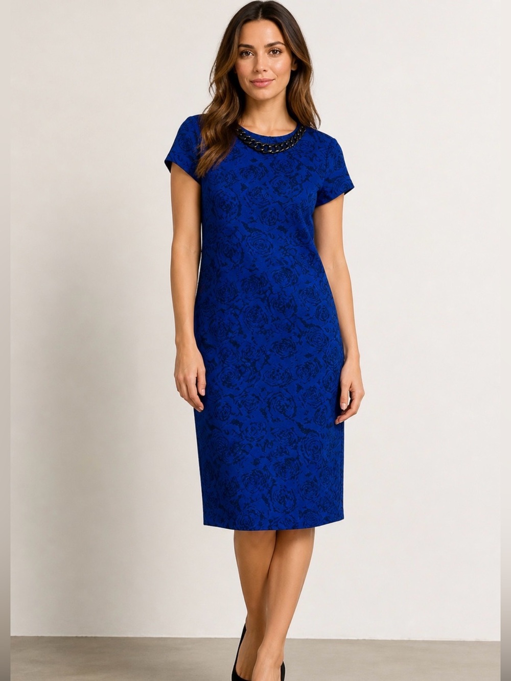 Karl Lagerfeld Royal Blue Floral Jacquard Midi Dress with Chain Detail Size 2